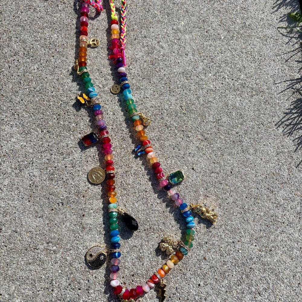 Venessa Arizaga colorful gemstone and charm necklace, adjustable up to 34 inches